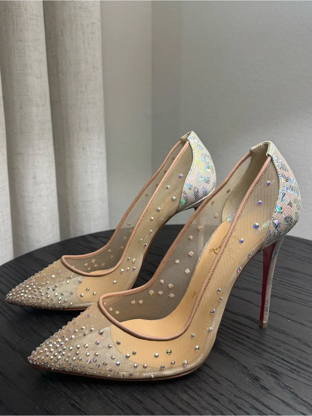 Christian Louboutin Follies Strass 100 Pumps Mesh Nude/Silver 38